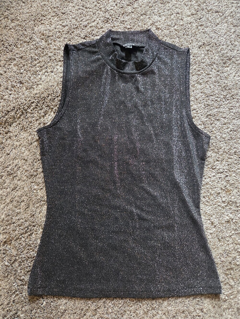 VENUS Black Metallic Sleeveless Mock Neck Tank